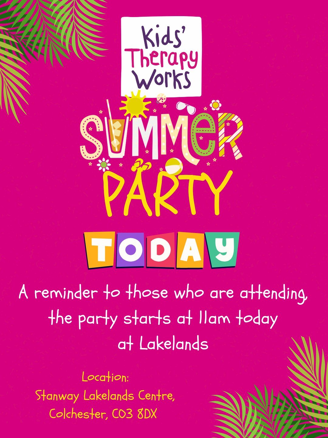 It's today! ☀️

Our Summer Party kicks off at 11am this morning at Stanway Lakelands Centre, Colchester CO3 8DX.

We can't wait to see you soon! 🎉💜

#SummerParty #KidsTherapyWorks #Lakelands #Colchester #NorthEssex
