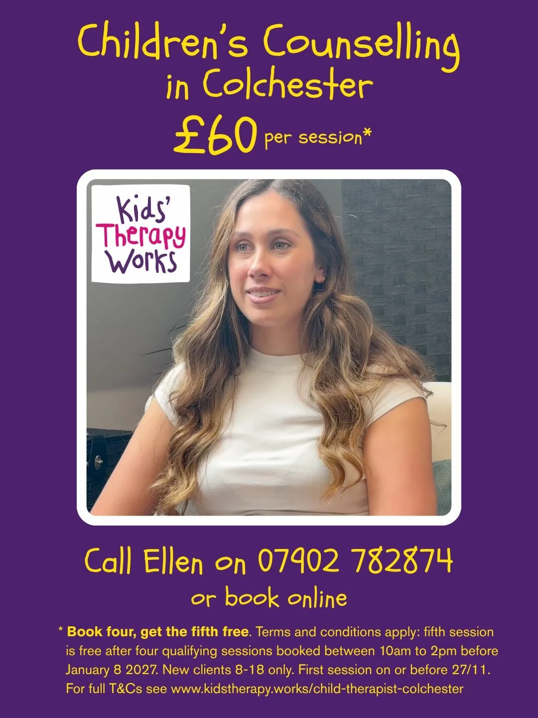 Book four sessions with Ellen and get the fifth free. For children and young people aged 8 to 18, at our Lakelands Centre in Stanway, Colchester. New clients only, sessions between 10am and 2pm, offer closes to new bookings on 27 November. Terms appl