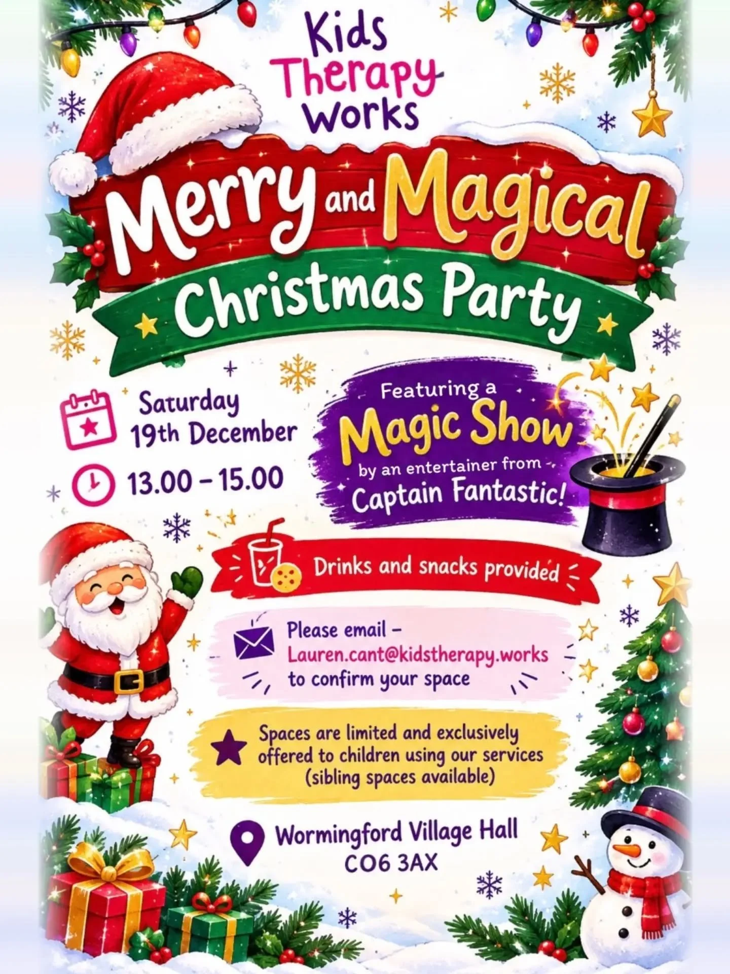 🎄✨ Our Merry and Magical Christmas Party is coming! ✨🎄

Join us for an afternoon of festive fun, with a magic show by an entertainer from Captain Fantastic! 🎩🪄

📅 Saturday 19th December
⏰ 1pm &ndash; 3pm
📍 Wormingford Village Hall, CO6 3AX
🍪 D