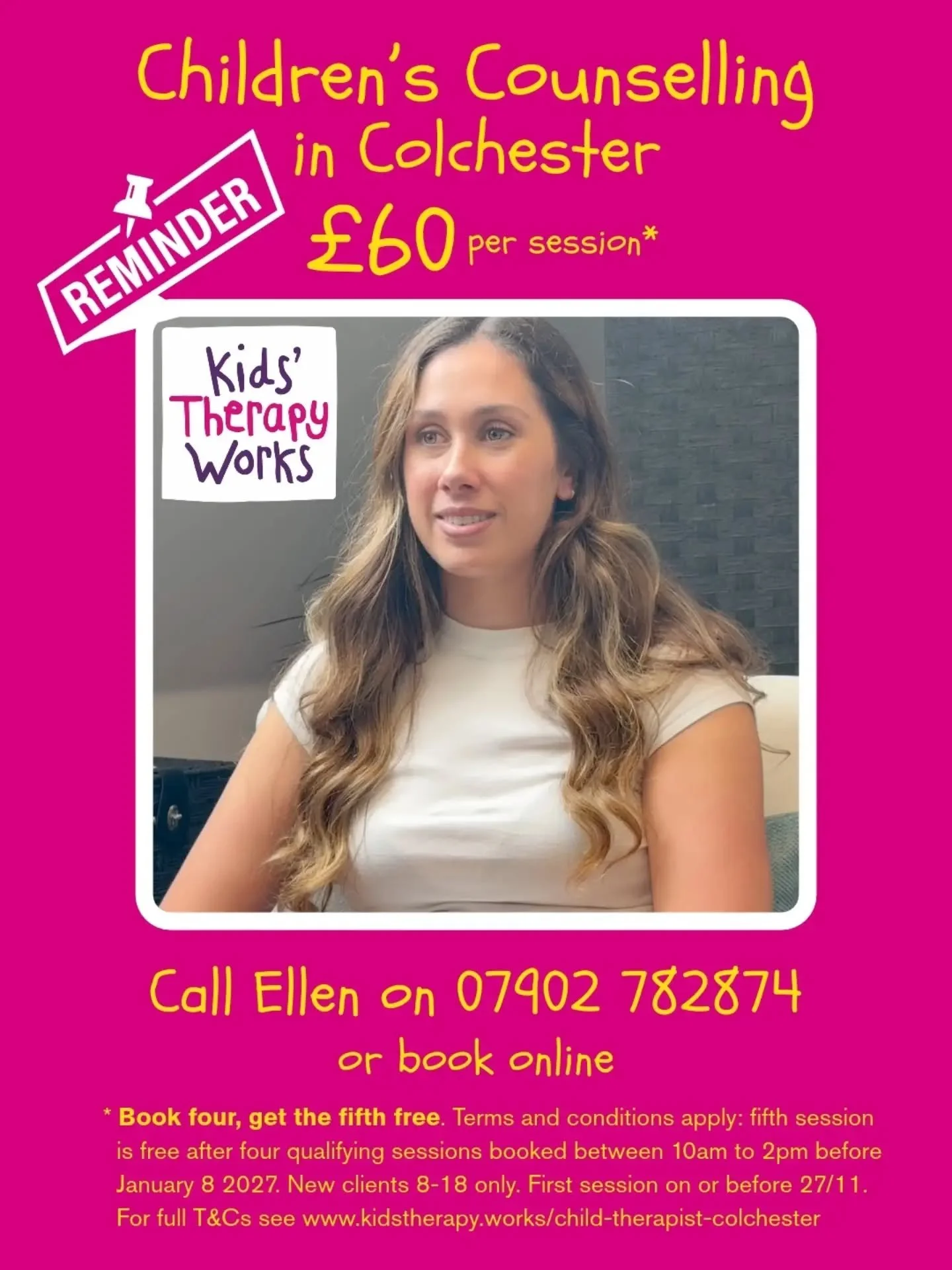 🚨Reminder🚨

Book four sessions with Ellen and get the fifth free. For children and young people aged 8 to 18, at our Lakelands Centre in Stanway, Colchester. New clients only, sessions between 10am and 2pm, offer closes to new bookings on 27 Novemb