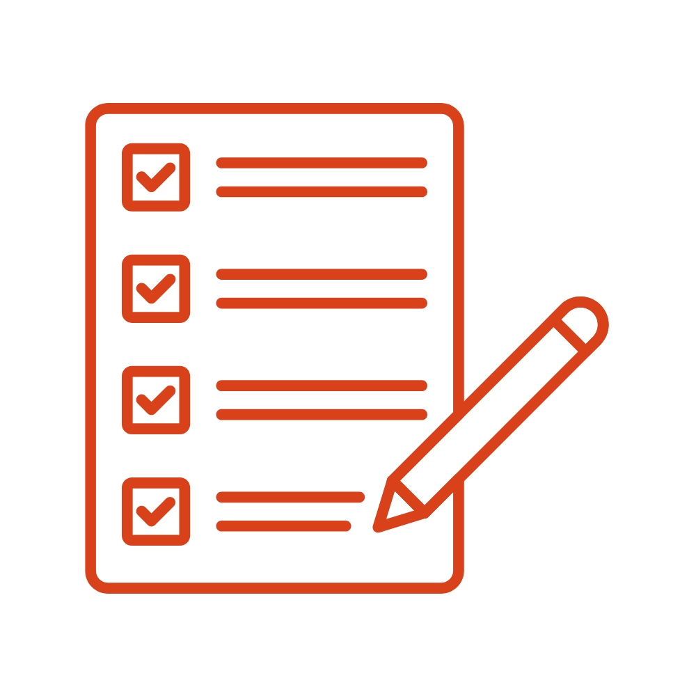 Icône d'une liste de contrôle avec un stylo à côté, en couleur orange.