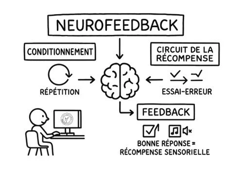 Diagramme montrant le processus de neurofeedback avec un cerveau au centre, flèches vers 'Conditionnement', 'Circuit de la récompense', 'Feedback'. Inclut des concepts de répétition, essai-erreur, et une personne utilisant un ordinateur.