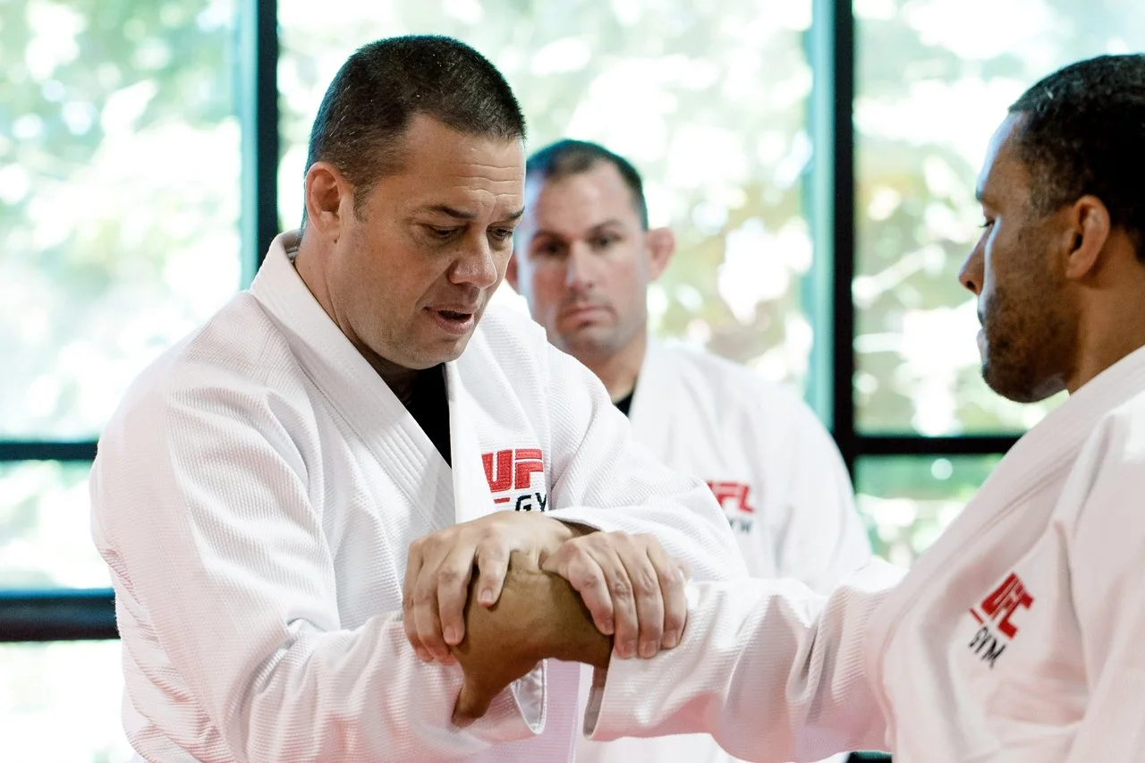 Martial arts instructors practicing arm lock technique during a training session inside a dojo.