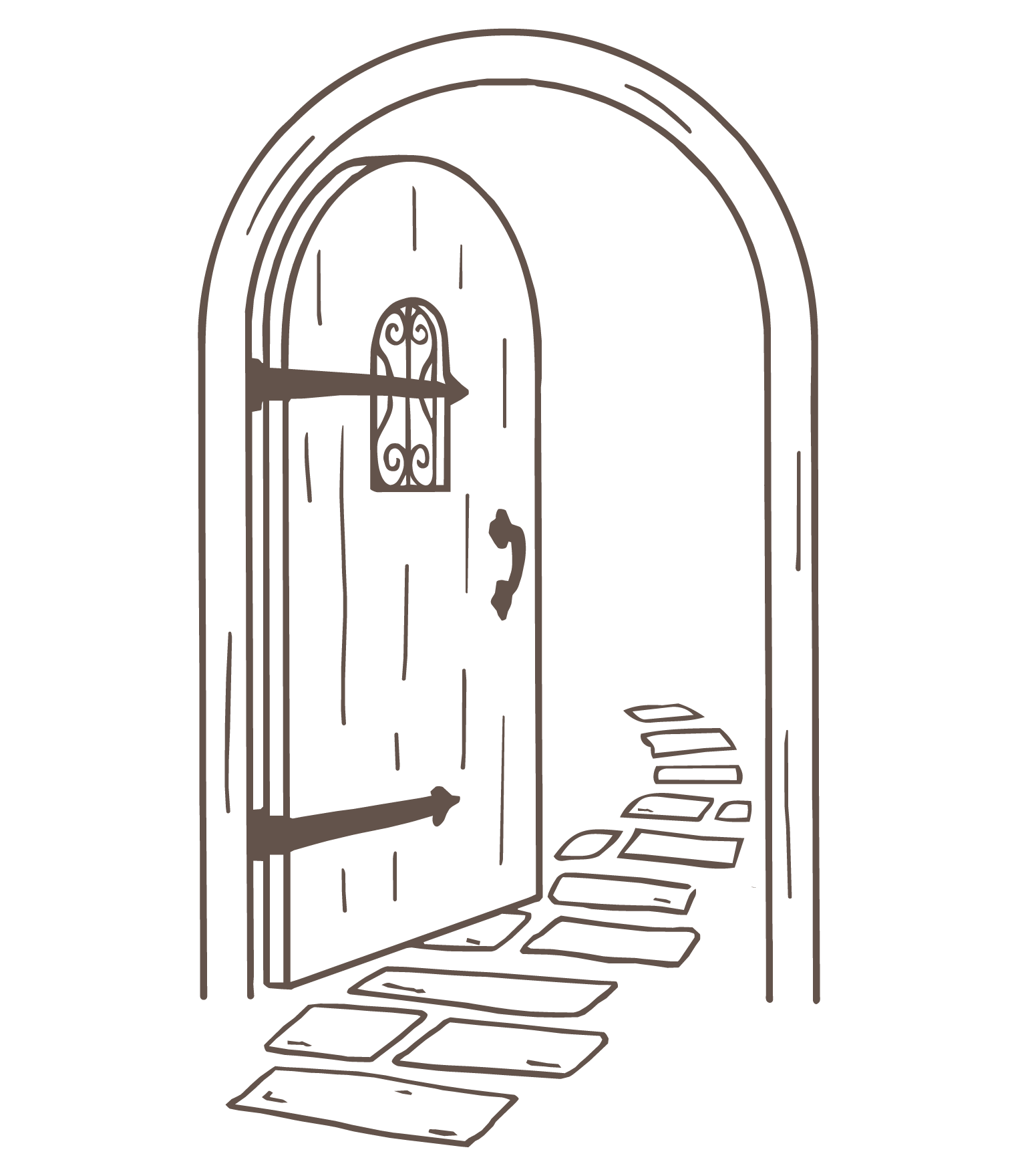 A line drawing of an arched doorway with a decorative door and steps leading inside.