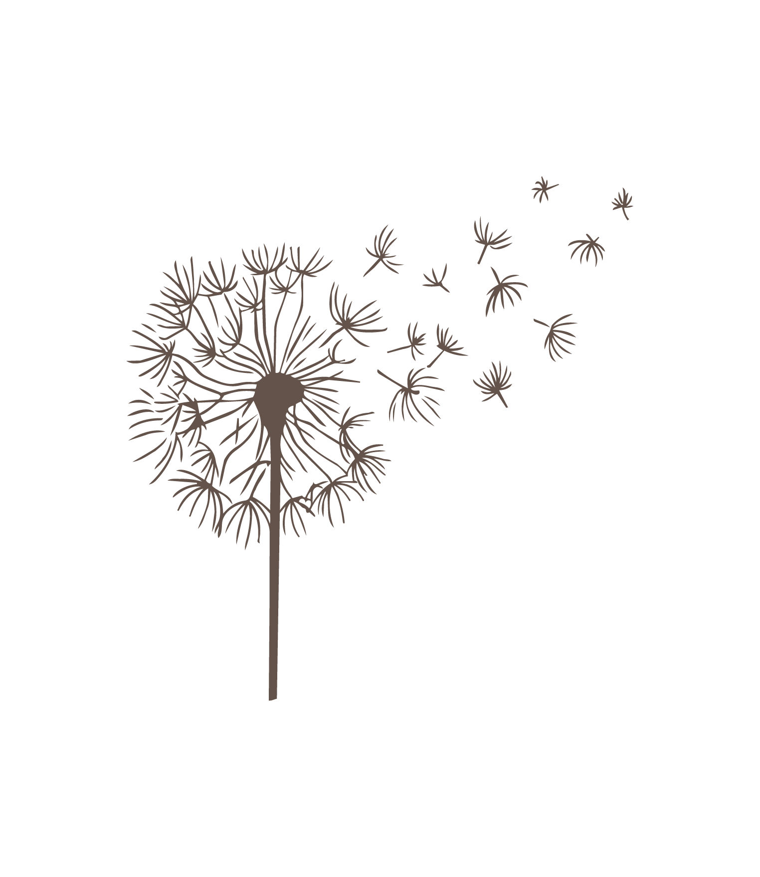 Black and white illustration of a dandelion with seeds dispersing in the air.