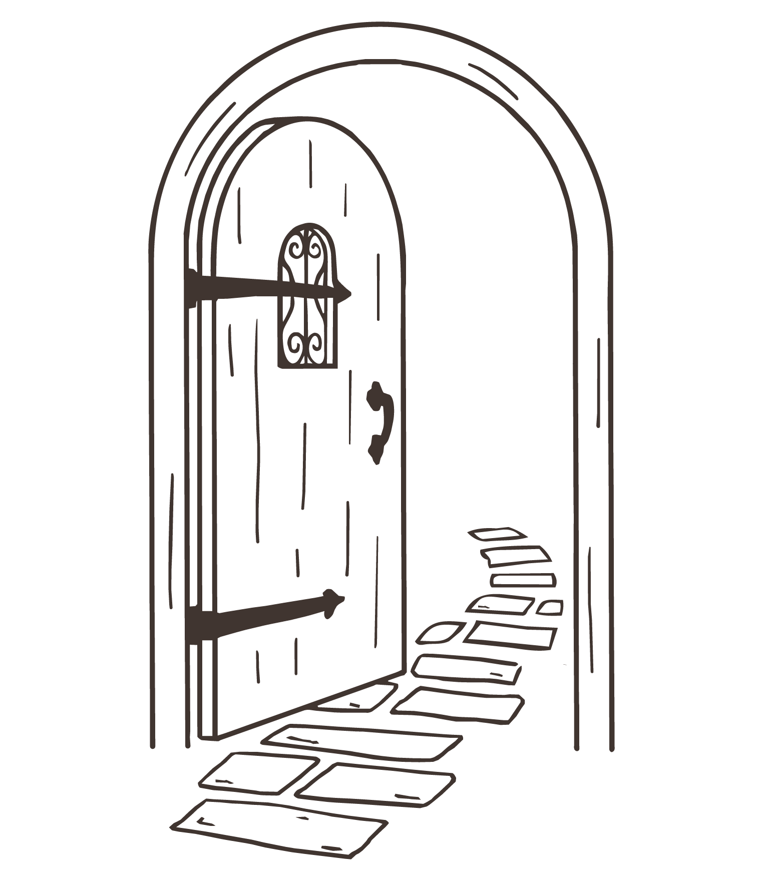 Line drawing of a door opening into a room with a staircase and a small window, with tiles on the floor leading upward.