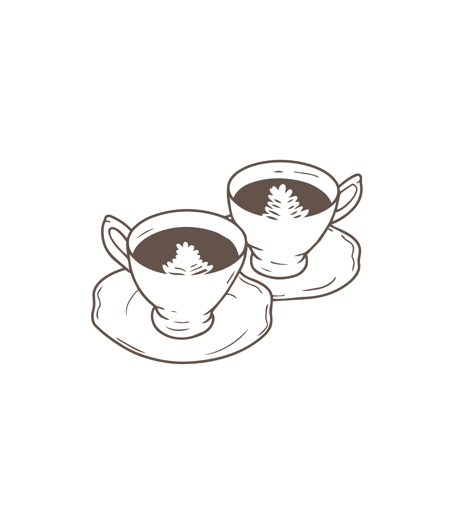 Line drawing of two teacups with tea and a pine branch garnish, placed on matching saucers.