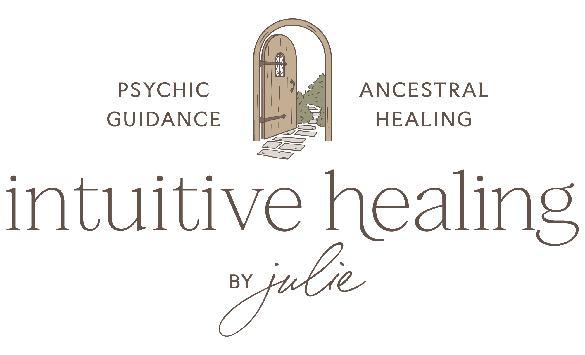 Primary logo design for Intuitive Healing by Julie showing open doorway leading to garden