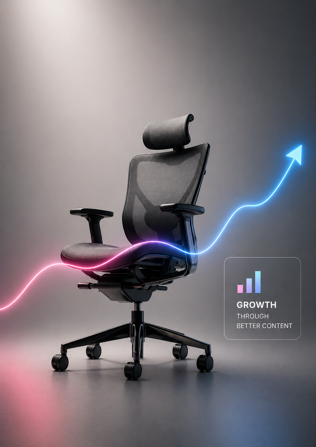 An ergonomic office chair with a mesh backrest and adjustable headrest, positioned on a plain grey background. Superimposed on the image is a digital graphic of a pink and blue upward trending line and a bar chart, with the text 'Growth through Better Content' indicating business growth and improvement.