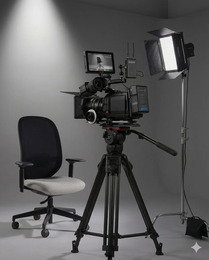 Studio video recording setup with professional camera on tripod, softbox light, and empty office chair against a plain background.