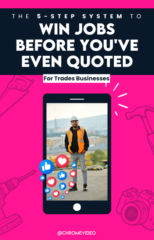 Pink background with illustrations of tools, a phone displaying a construction worker, and text promoting a system to win jobs before quoting, aimed at trades businesses.