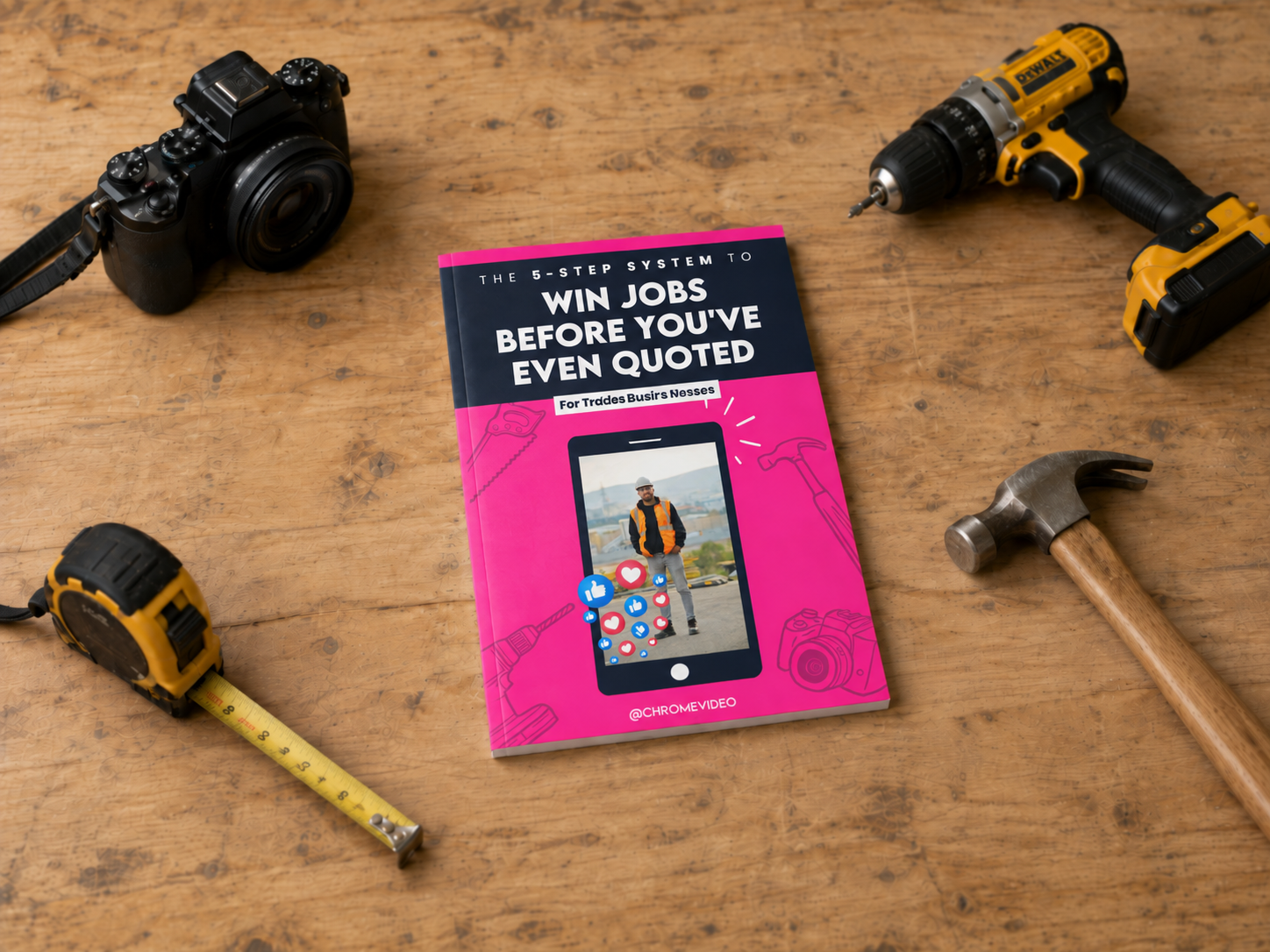 A book titled 'The 5-Step System to Win Jobs Before You've Even Quoted' is on a wooden workbench surrounded by tools including a camera, a cordless drill, a hammer, and a measuring tape.