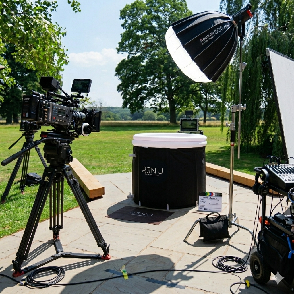 Outdoor film or photography setup with professional camera on tripod, studio lighting, and equipment on a paved patio in a park with green grass and trees.