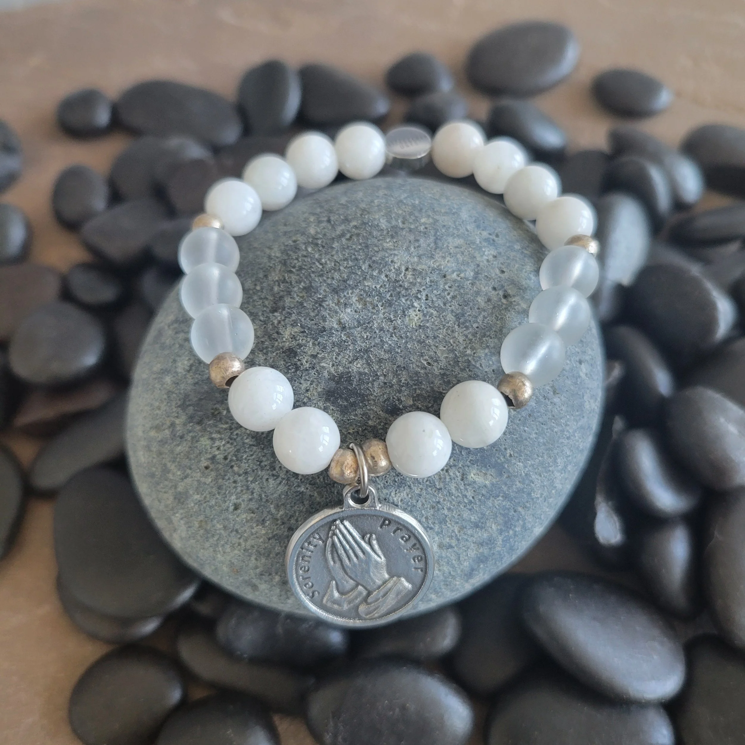 Serenity Prayer Bracelet – 8mm Moonstone with Silver & Champagne Accents