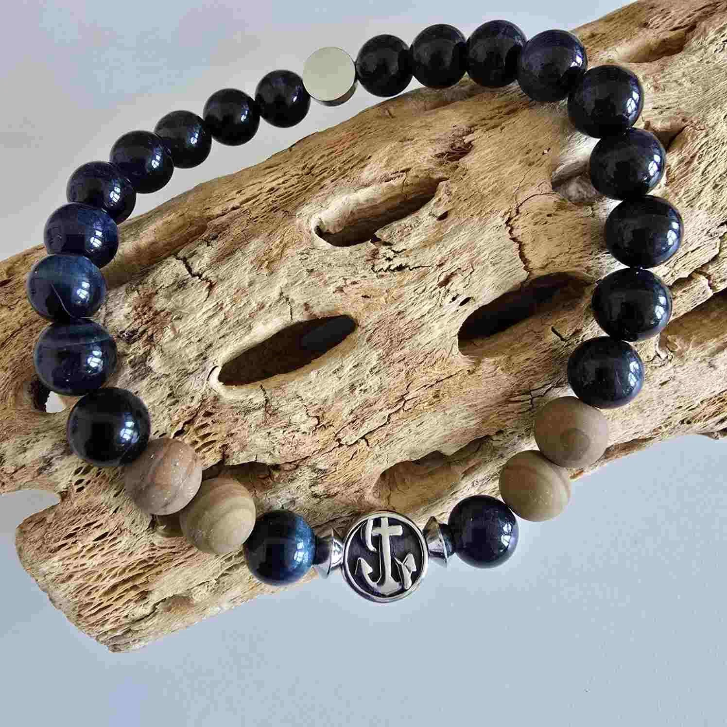 Anchors Away - Men's Beaded Black Blue Tiger's Eye Bracelet