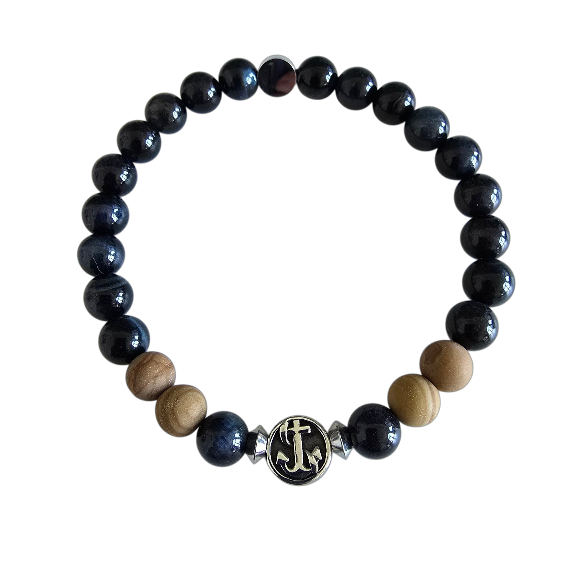 Handmade  nautical beaded men’s bracelet with Tiger’s Eye, wood Jasper.