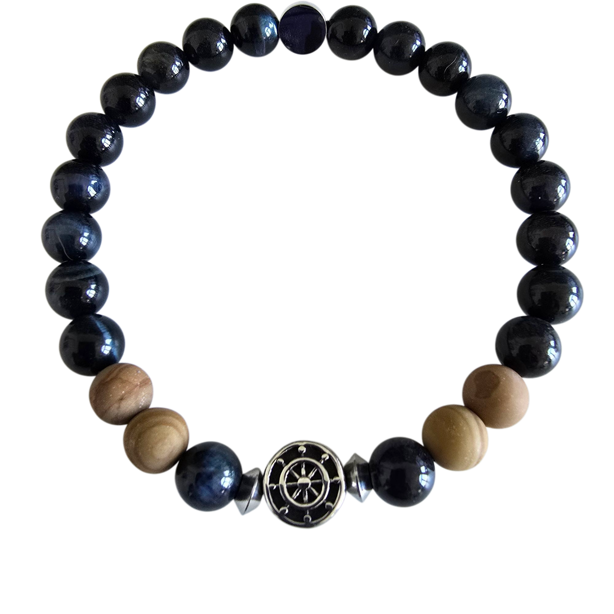 Beaded men’s bracelet with Tiger’s Eye, wood Jasper, and nautical anchor bead.