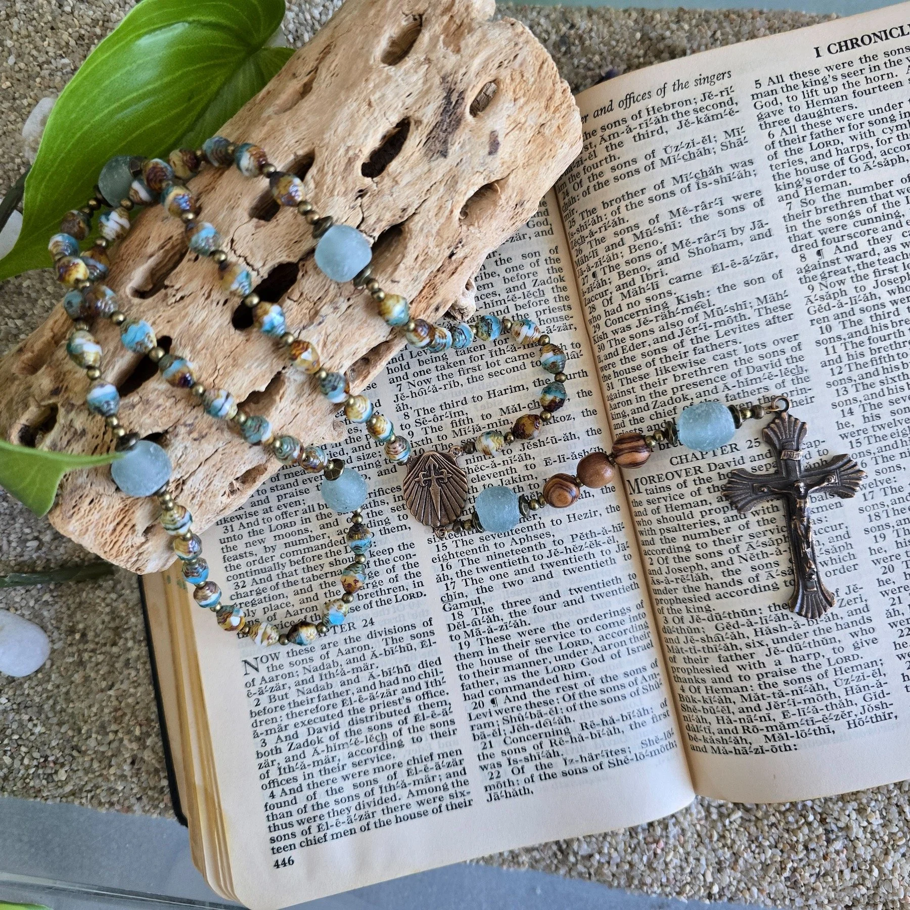 Beach & Seaside Rosary with Aqua Topaz & White Cathedral Beads, Nautical Holy Land Olive Wood, Personalized Gift