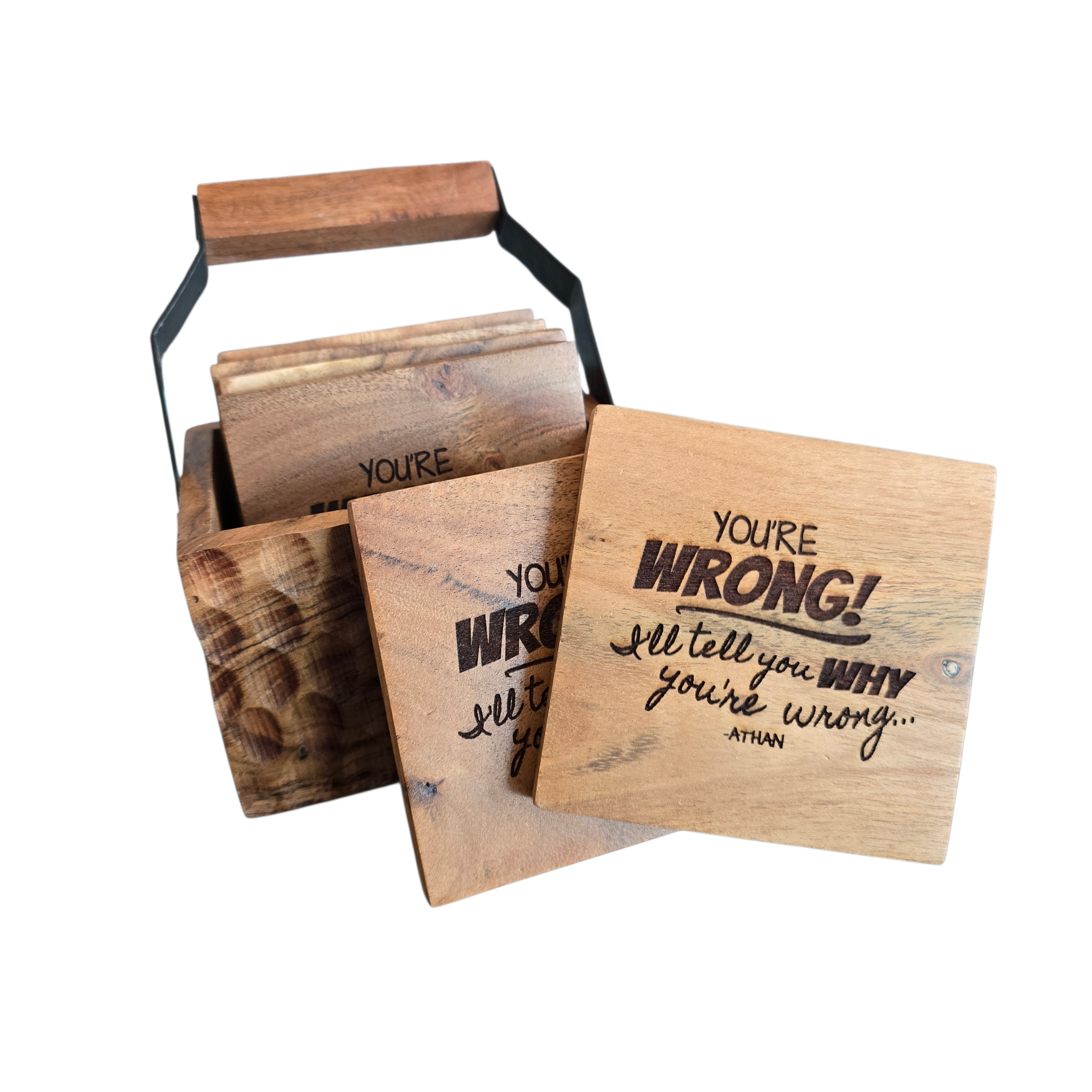 Personalized Acacia Wood Coaster Set with Handle Carrier – S/6