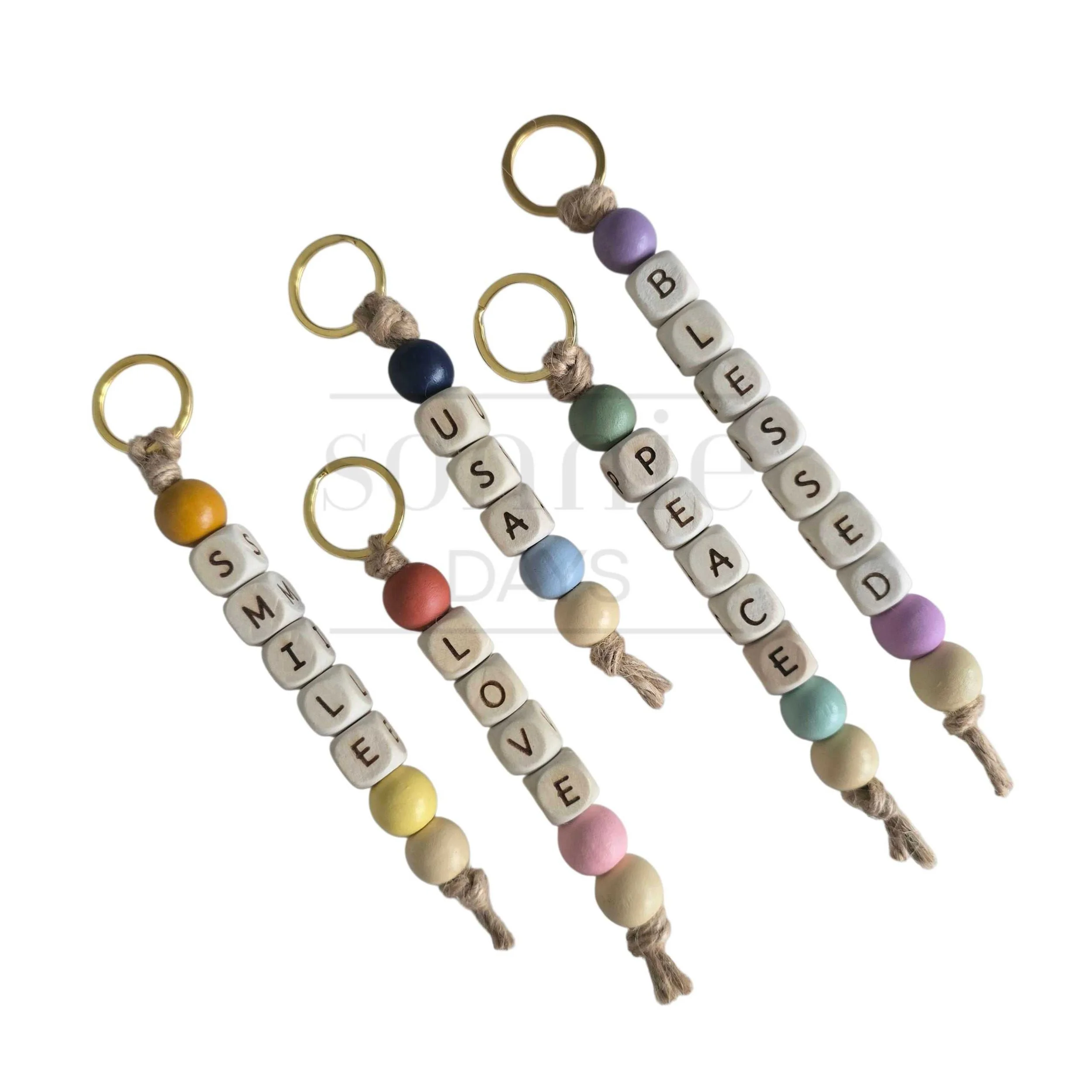 Hand Engraved and Painted Wooden Cube Key Ring – Uplifting Gifts by Sonnie Days