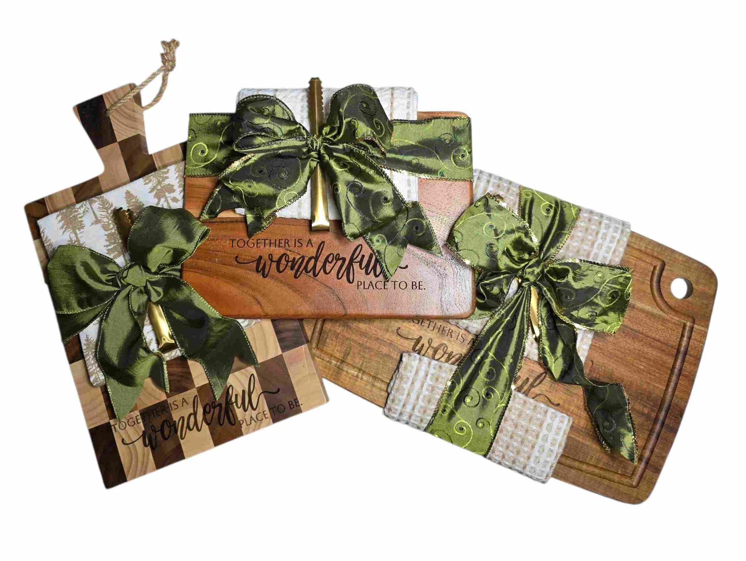 “Together Is a Wonderful Place to Be” Charcuterie Cutting Board Gift Set – Checkerboard Pattern + Holiday Towel & Gold Tong
