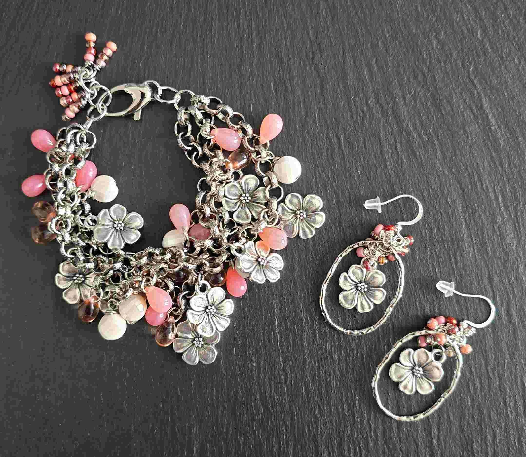 Antique Silver Three-Tier Bracelet with Pink & Ivory Czech Glass and Apple Blossom Charms