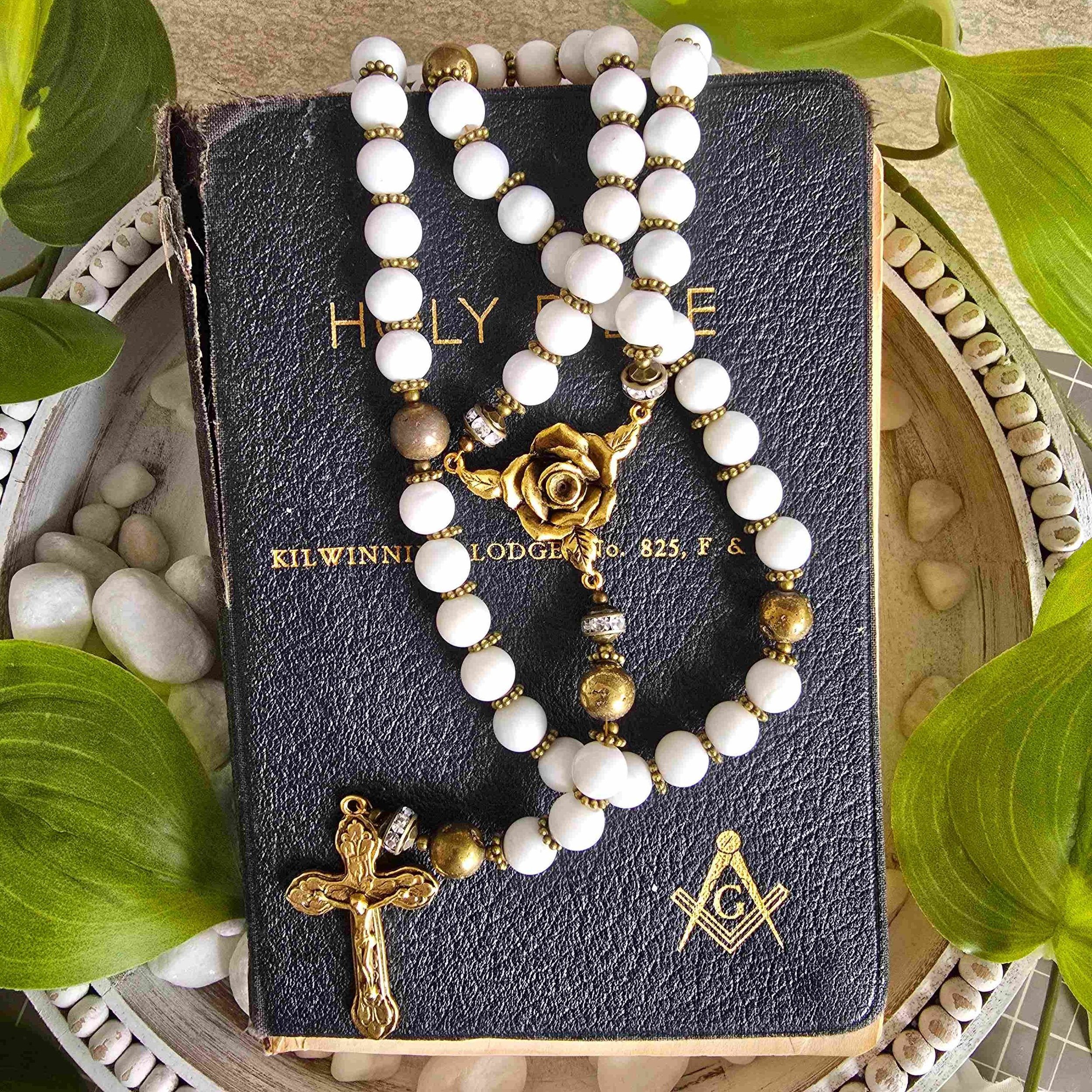 Handmade White Shell & Gold Rosary – Faithfully Crafted with Love