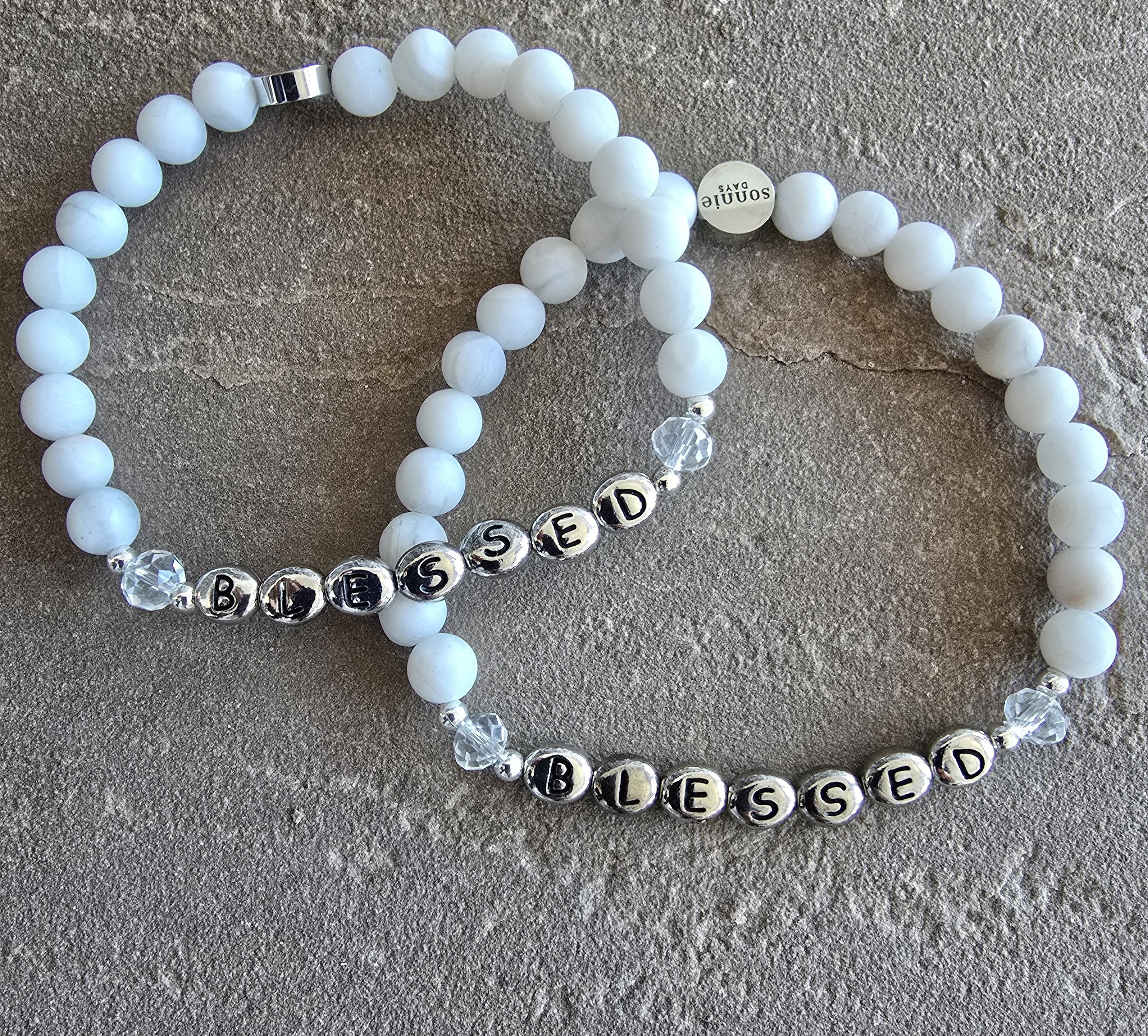 Blessed Semi-Precious Bracelet – 6mm Gemstone Stretch Bracelet with Silver Plated Letter Beads