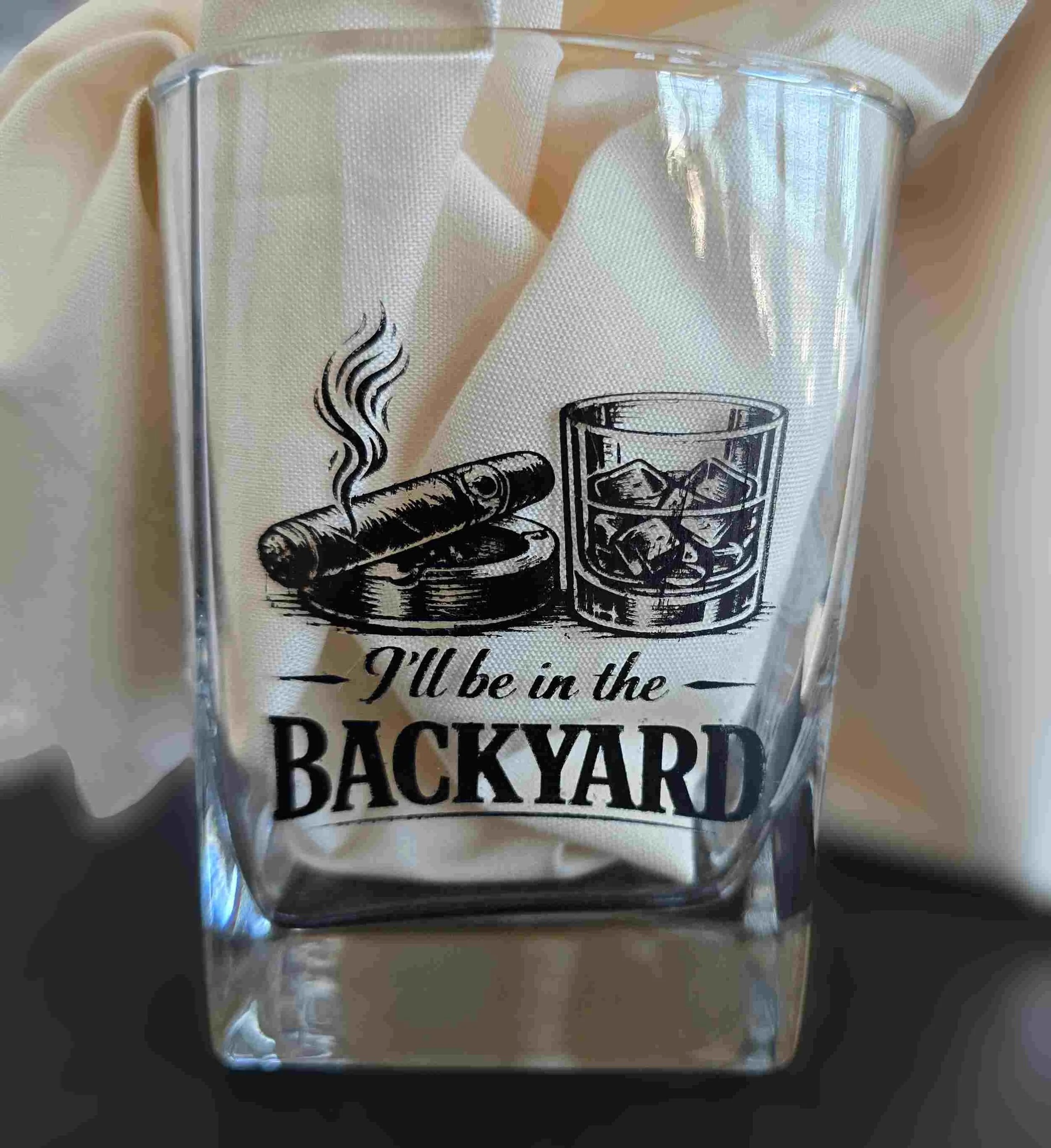 “I’ll Be in the Backyard” Engraved Drinking Glasses with Cigar Design – Set of 4