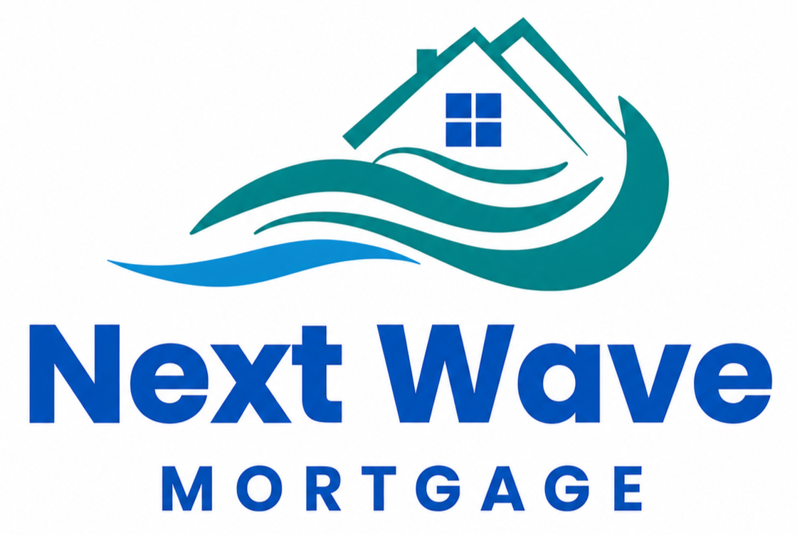 Logo for Next Wave Mortgage featuring a house with waves underneath and the company name.