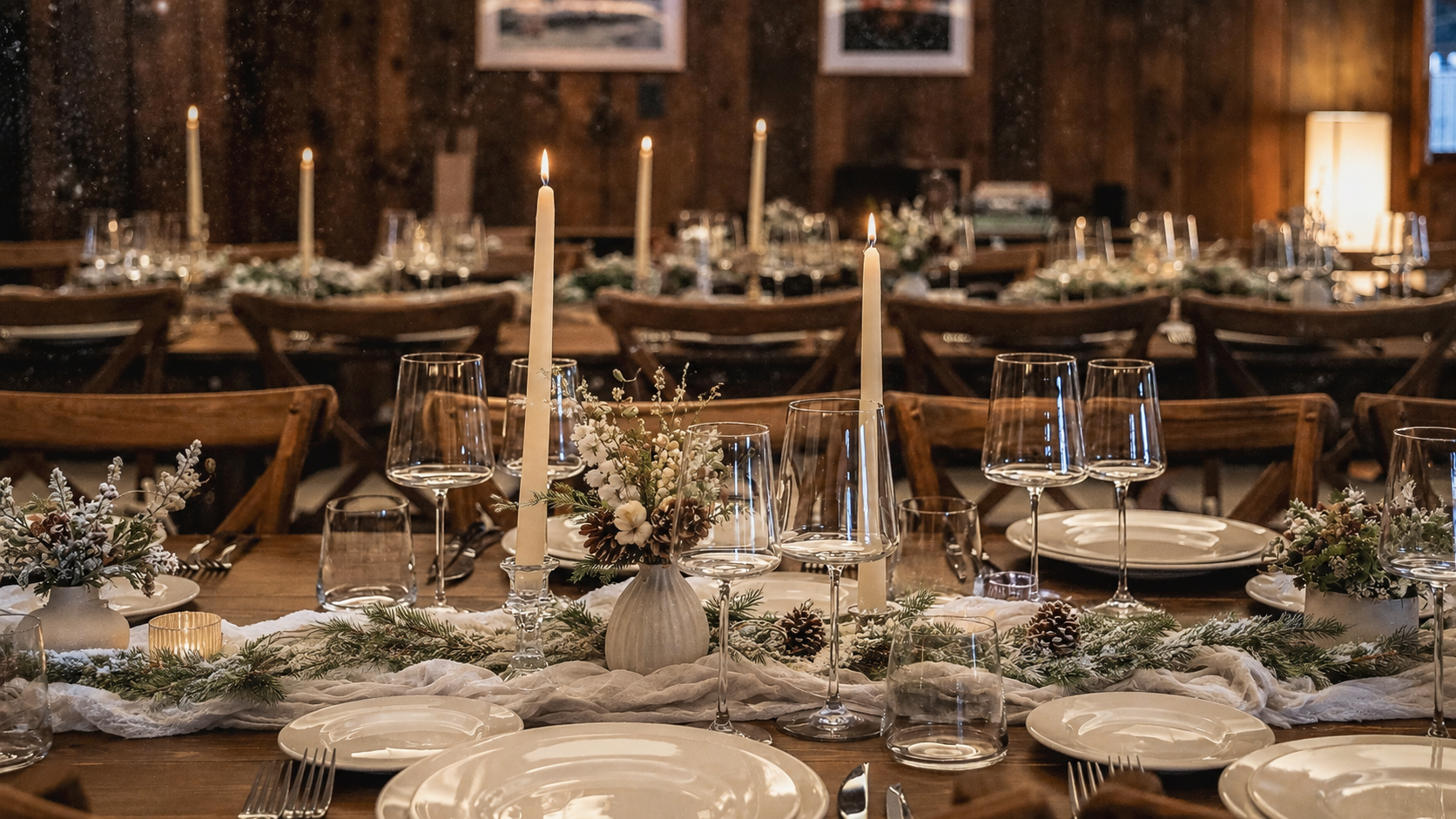 A decorated banquet table with candles, floral arrangements, and empty plates and glasses in a rustic dining room.