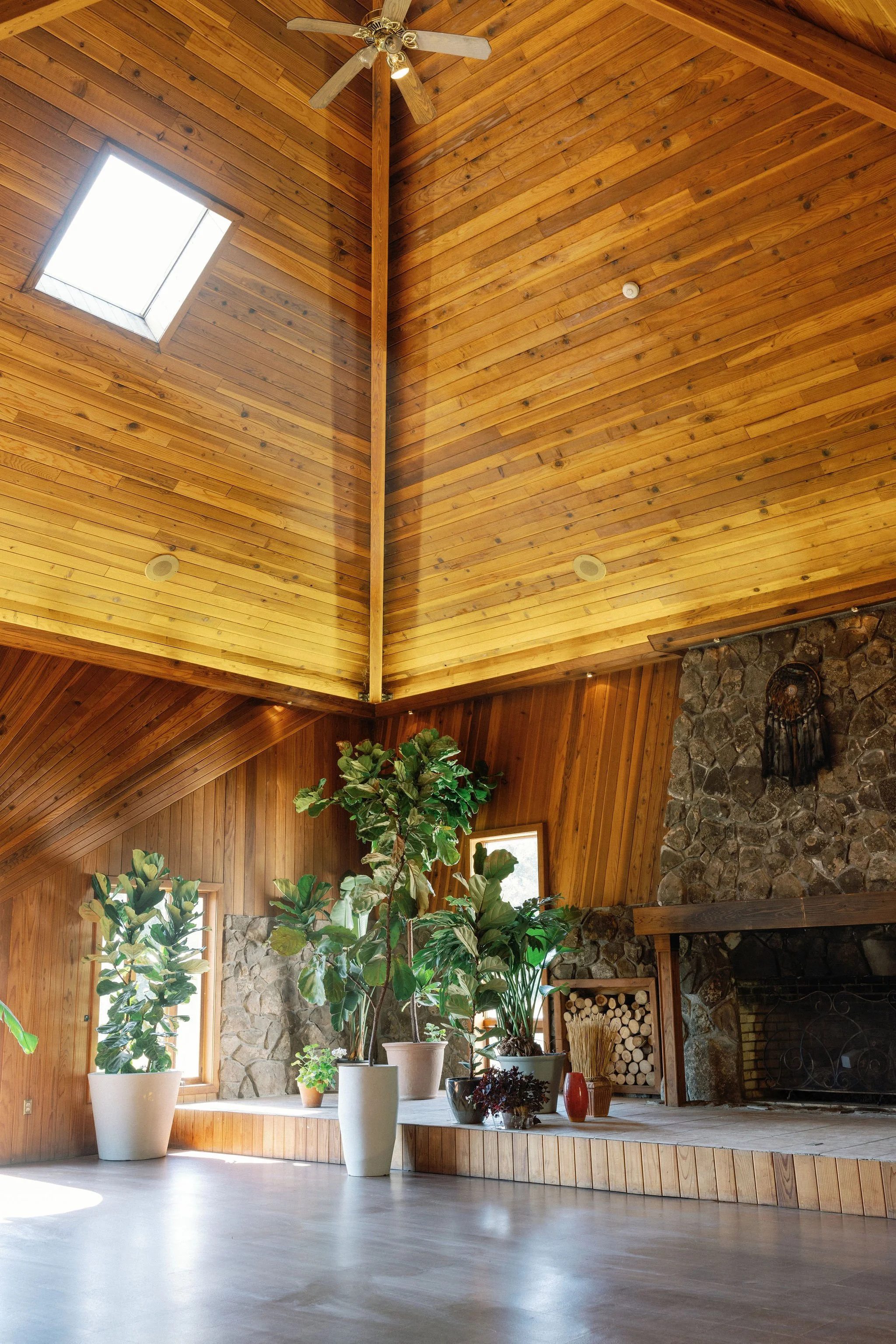 Interior of a room with wooden walls and ceiling, large potted plants, a stone fireplace, and windows allowing natural light.