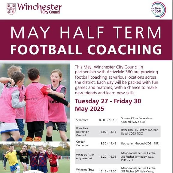 Get active in Winchester this summer! @winchestercitycouncil are hosting a number of exciting events, starting with football sessions for girls and boys aged 6-13 years old during the May half-term (27th-30th May), in partnership with @activeme360. T