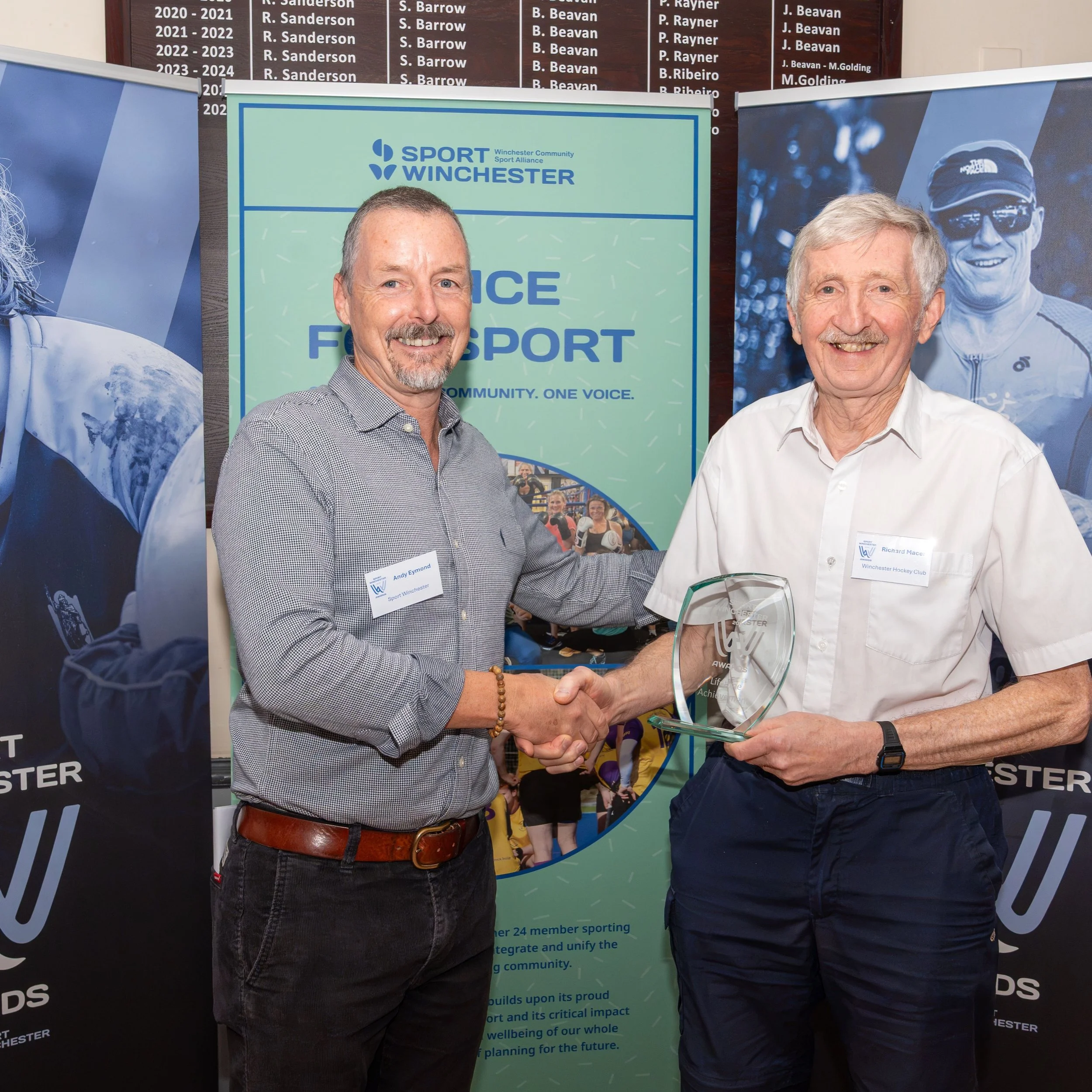 At the recent Sport Winchester Awards 2026, the Lifetime Achievement Trophy was presented to Richard Macer of Winchester Hockey Club by Andy Eymond, Chair of Sport Winchester. Judges' verdict: For more than 40 years, Richard has built school programm