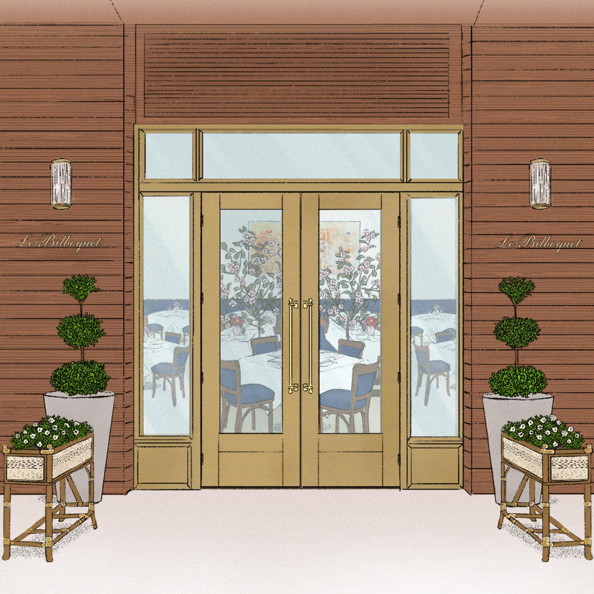 Elegant restaurant entrance with double glass doors, potted plants, and wall-mounted lights. Interior dining area with floral decorations visible through the glass.