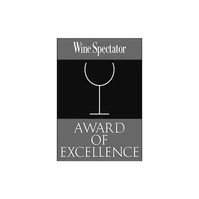 A vertical award plaque with a black and gray background. The top reads "Wine Spectator," featuring a stylized wine glass icon. The bottom says "Award of Excellence" in capitalized white letters.