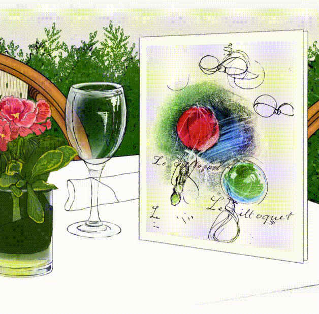 A table setup with a flower arrangement in a glass vase on the left, an empty wine glass in the middle, and a colorful abstract painting on an easel on the right, with a green hedge in the background.