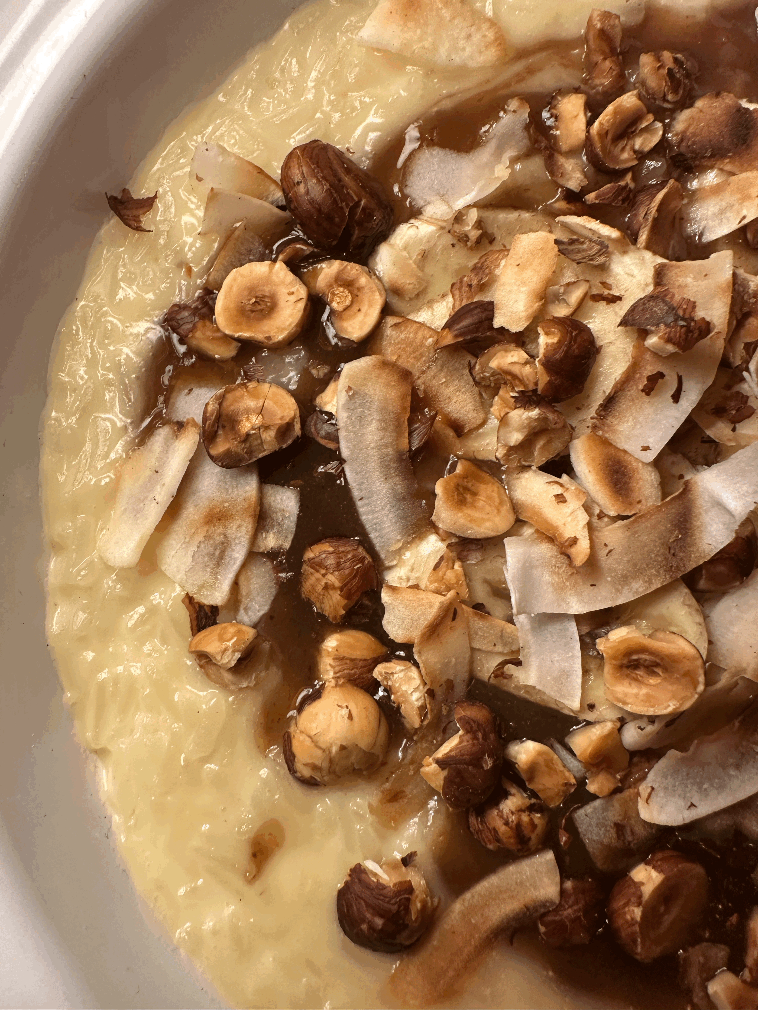 Miso Banana Caramel ‘Leftover Rice’ Rice Pudding &amp; Toasted Hazelnuts