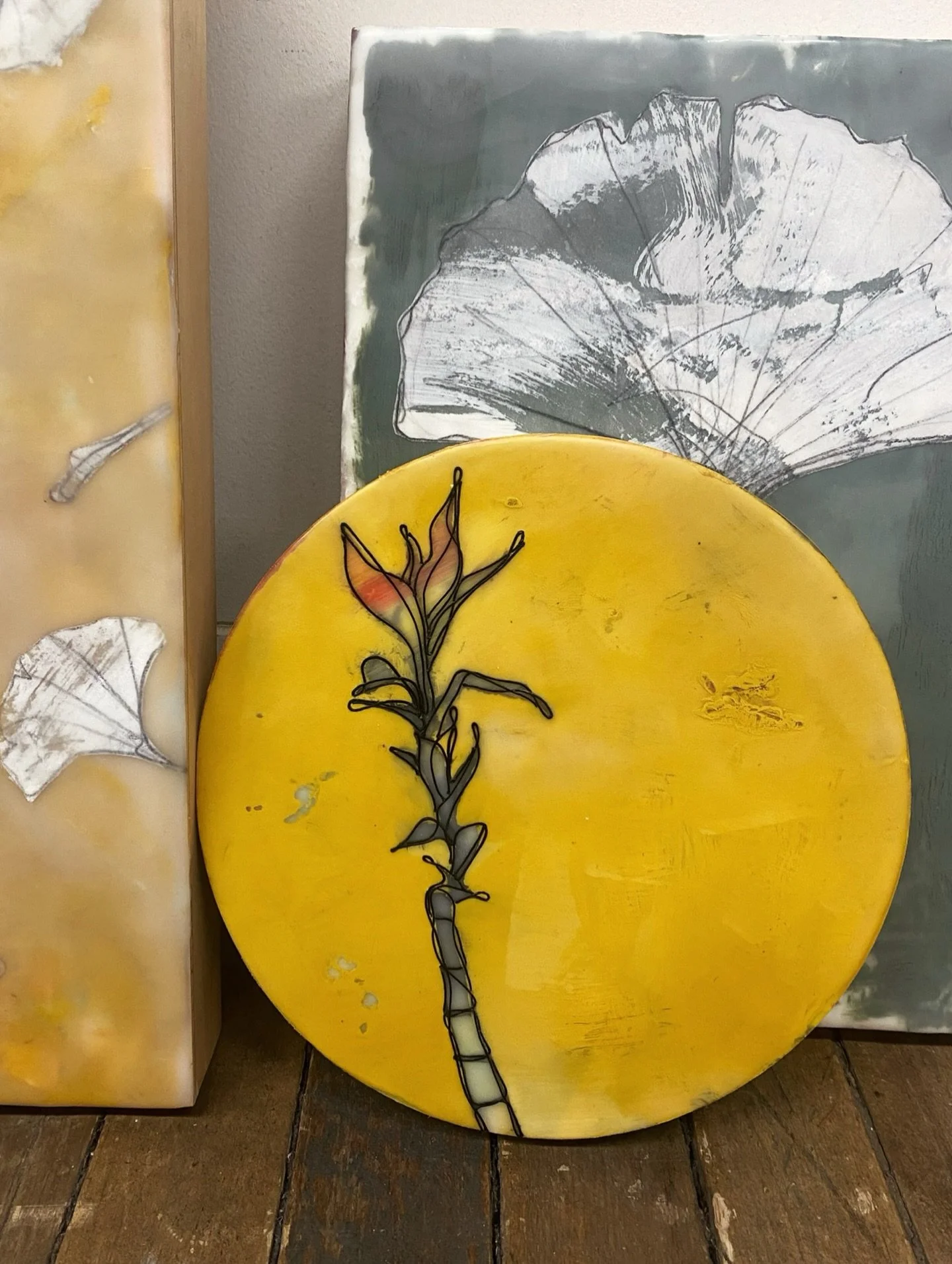 Lucky Bamboo III, encaustic, paper + string on 8&rdquo; round panel &bull; This little love is going to be a part of the 17th annual ARTPM at @buoy.gallery in Kittery, Maine - the show is so fun to be a part of, will open once it&rsquo;s hung, and wi