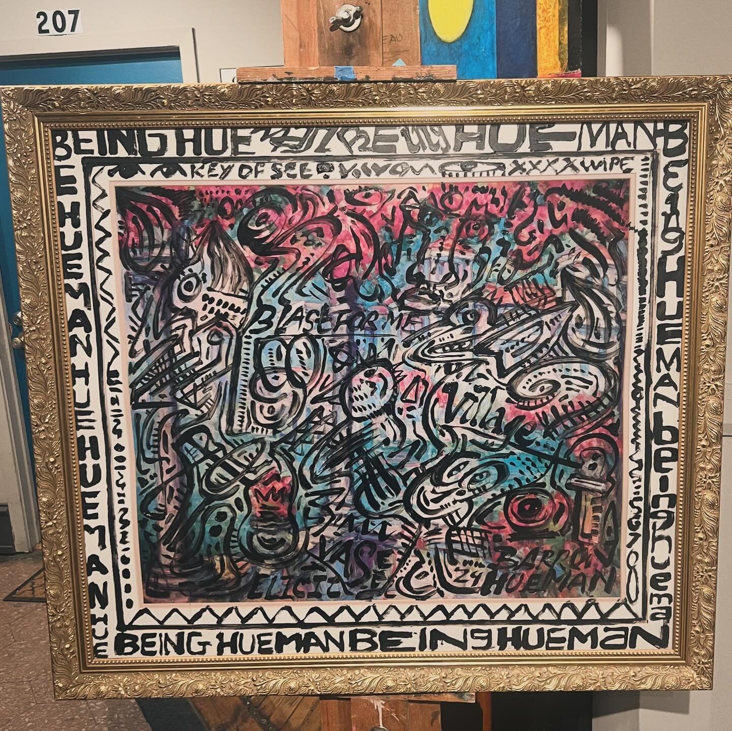 BEING HUEMAN HueMAn being.. 36x40 mixed media on upcycled  painting with garrish Gold frame @studioLMN/wedge gallery preview of my official show HueMan that officially opens june 7 6-10pm.. in the Historic Flat Iron building 1579 North Milwaukee Wick