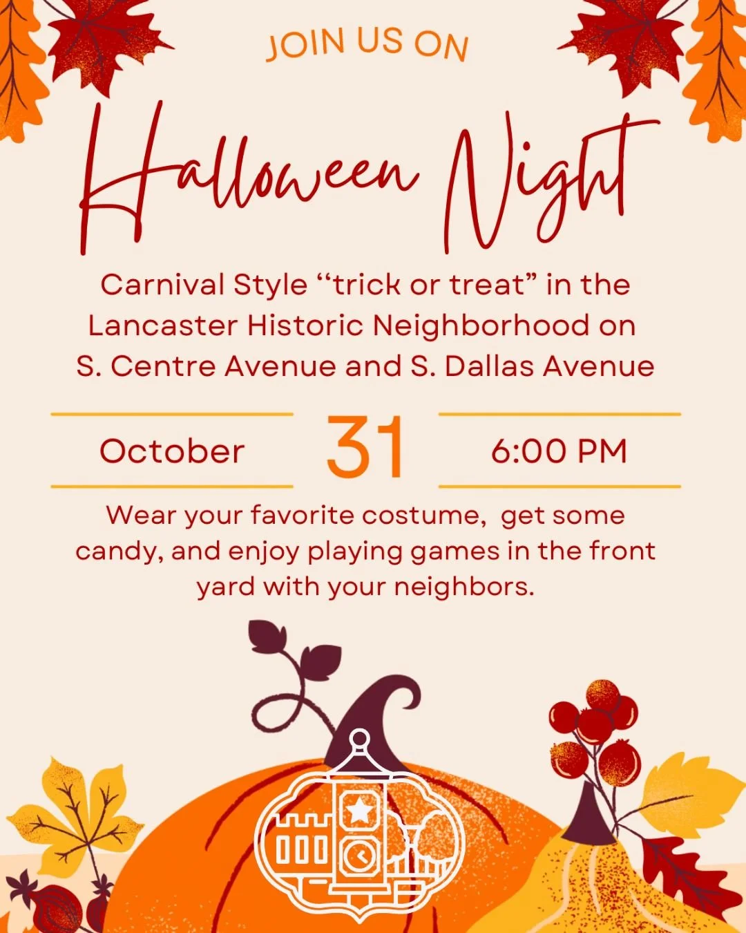 🎃 Trick or Treat in Downtown Lancaster's Historic Residential Neighborhood! 👻
Bring the whole family and join us for some Halloween fun along Centre &amp; Dallas Ave!

🚧 Centre Ave will be transformed into a barricaded neighborhood block party. Pl