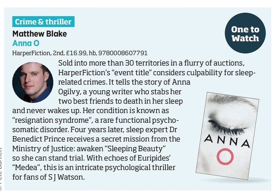 So thrilled that #AnnaO has been chosen as &lsquo;One to Watch&rsquo; by @_thebookseller for Feb 2024! @harperfiction @harpercollinsuk @harperfictionpr