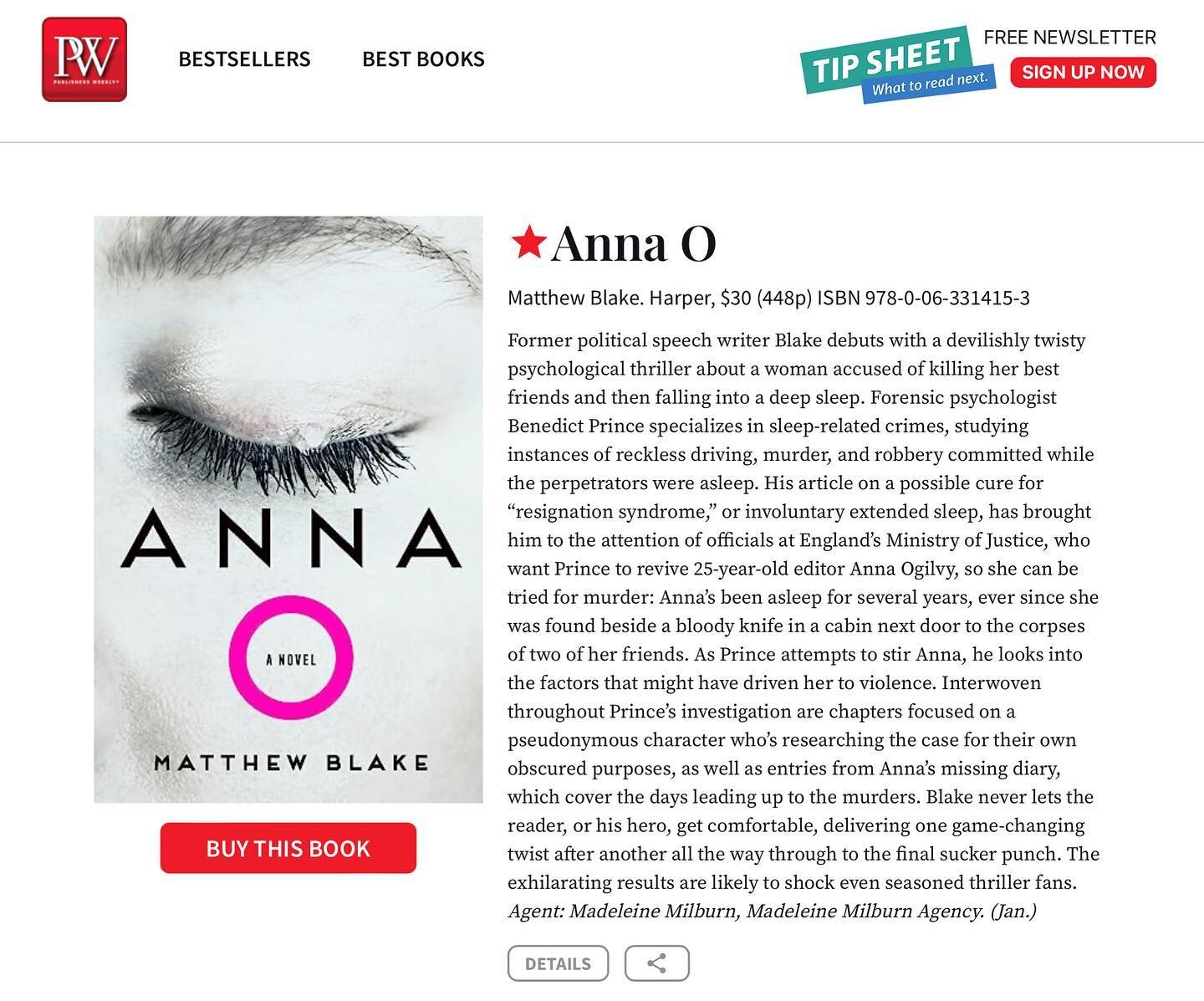 A lifetime dream come true! Just got news that #AnnaO has a starred review in Publishers Weekly @pwpics!! 🎉🎉🎉 @harperbooks @bookprmom @madeleinemilburn