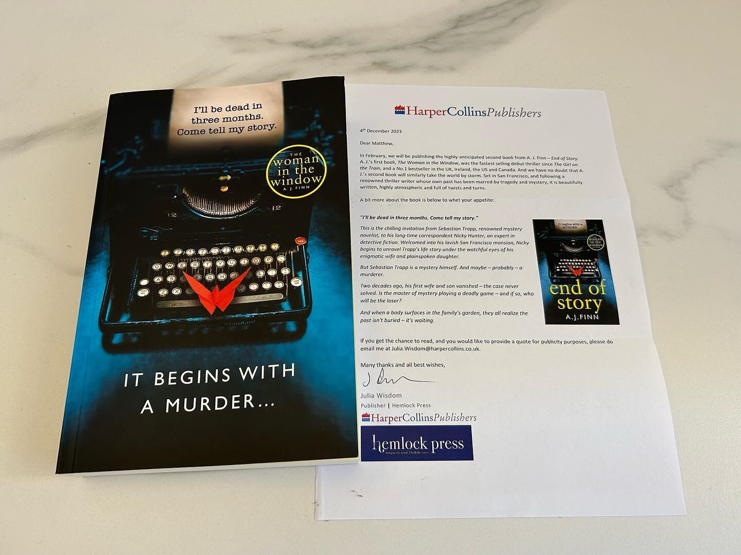 A book I&rsquo;ve been waiting literally years to get my hands on. SO excited to return home and find a proof of #EndofStory by the master of suspense himself @ajfinnbooks! Can&rsquo;t wait to start! #bookpost @harperfictionpr