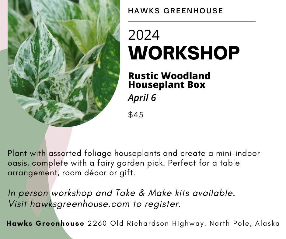 𝐇𝐚𝐰𝐤𝐬 𝐆𝐫𝐞𝐞𝐧𝐡𝐨𝐮𝐬𝐞 𝐖𝐨𝐫𝐤𝐬𝐡𝐨𝐩𝐬 
Rustic Woodland Houseplant Box
Saturday, April 6, 2024
Cost: $45
Workshops will be both in person (limit 10) and as a take home project kit with video instruction. You will be able to view the video