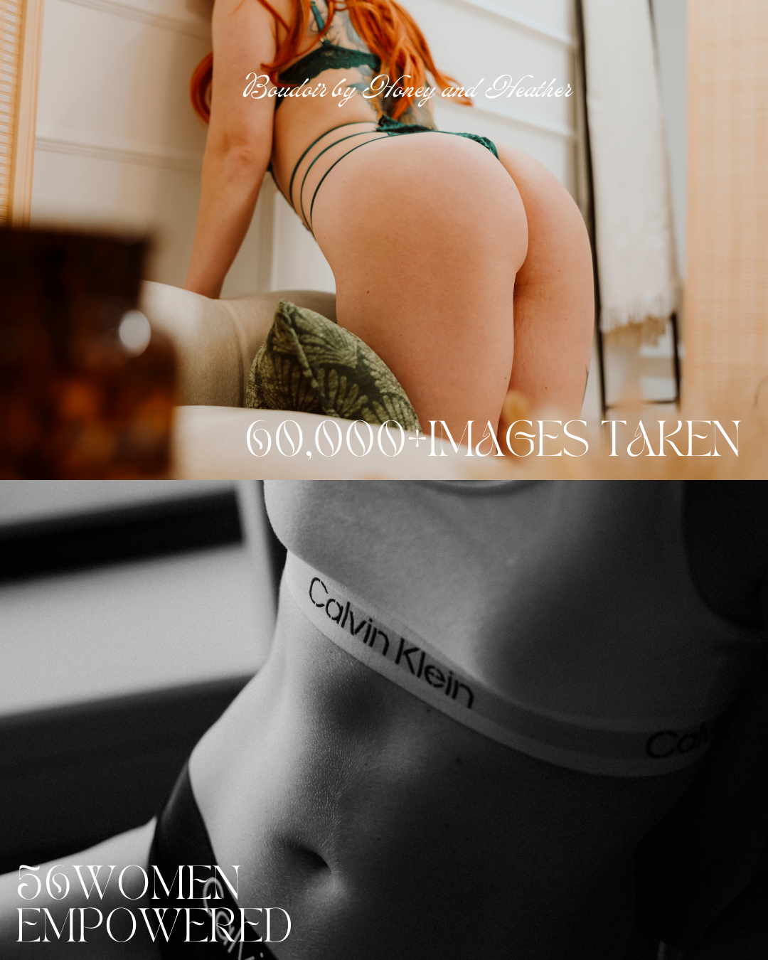Boudoir client wearing dark green lingerie leaning forward on a sofa in soft window light, photographed from behind, with ‘60,000+ images taken’ text overlay, Boudoir by Honey & Heather. &