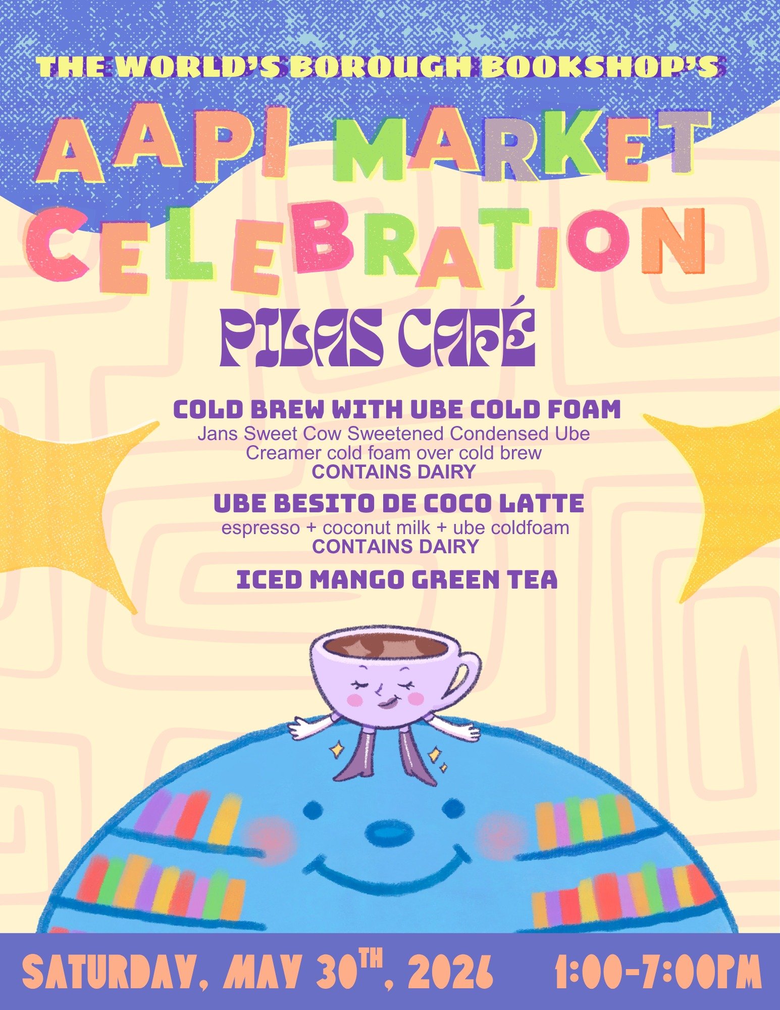 AAPI MARKET THIS SAT 5/30! ✨🙂&zwj;↕️

💜Coldbrew with ube coldfoam 

🥥 Ube besito de coco latte 

🥭 Iced Mango Green Tea 

Clearly we got an UBE obsession over here at Pilas! We love purple over here so we just had to! See ya saturday! 

Shoutout 