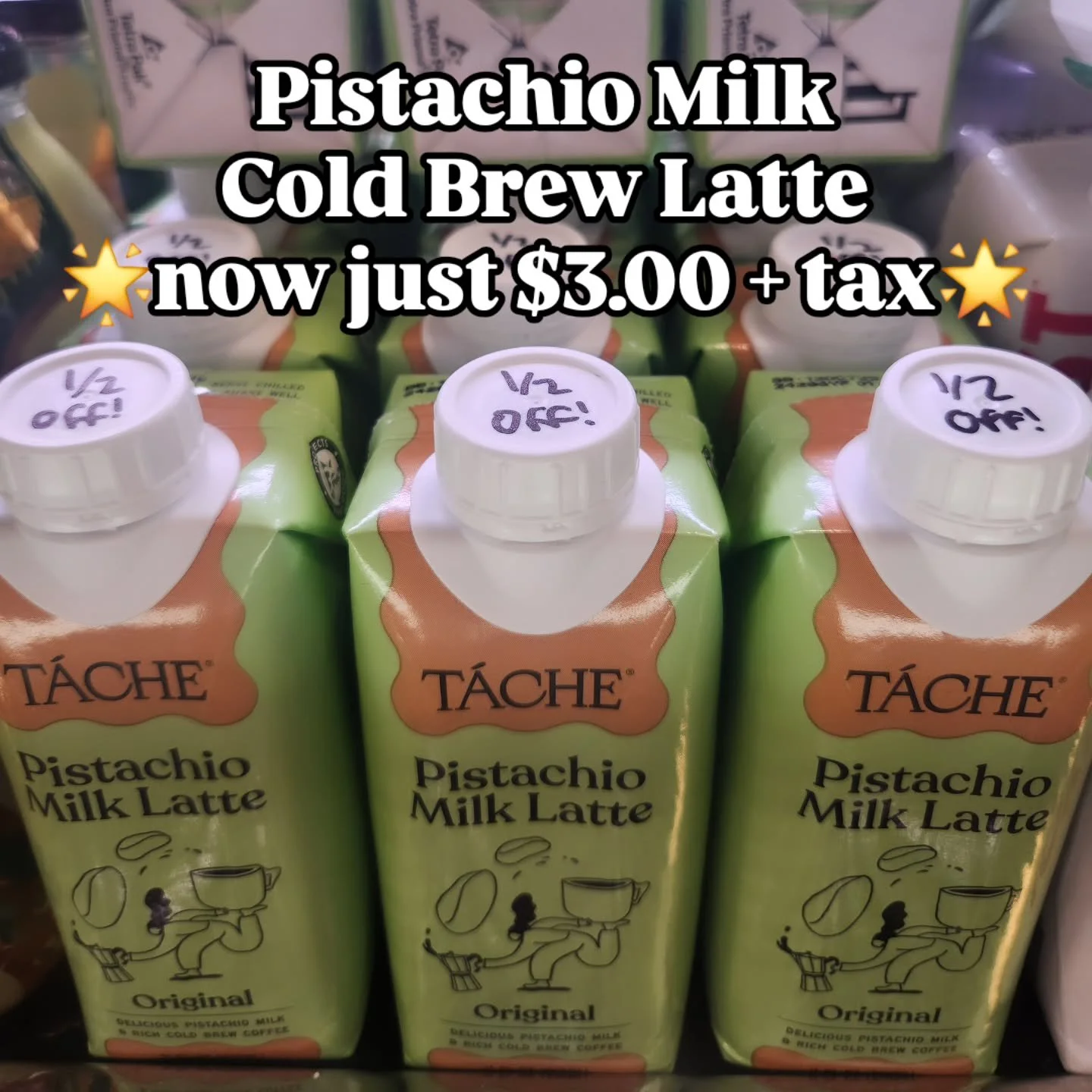 Ever tried Pistachio Milk?! Grab a cold brew pistachio milk latte for 1/2 price now through end of day Sunday. Pistachio milk is more water-efficient than almond milk and deliciously decadent. #womenowned #coldbrew #coffeedaily @tachepistachiomilk