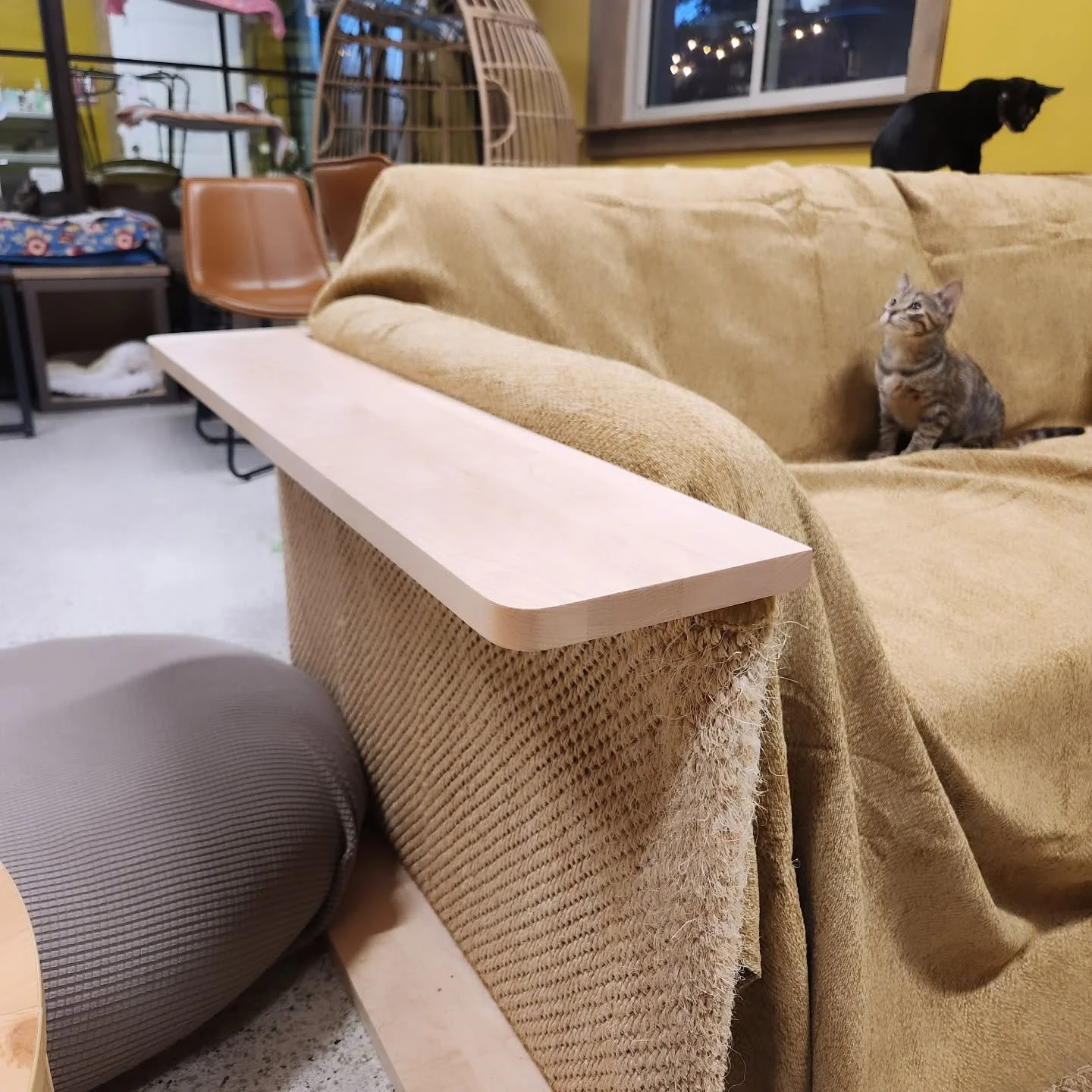 Have you seen this sweet couch end in the cat lounge?! Generously donated to us by @hilde.phil, it serves as both a cat scratcher and side table. We've had it for a few months now, and the replaceable scratching mat is holding up great. Plus, it's so