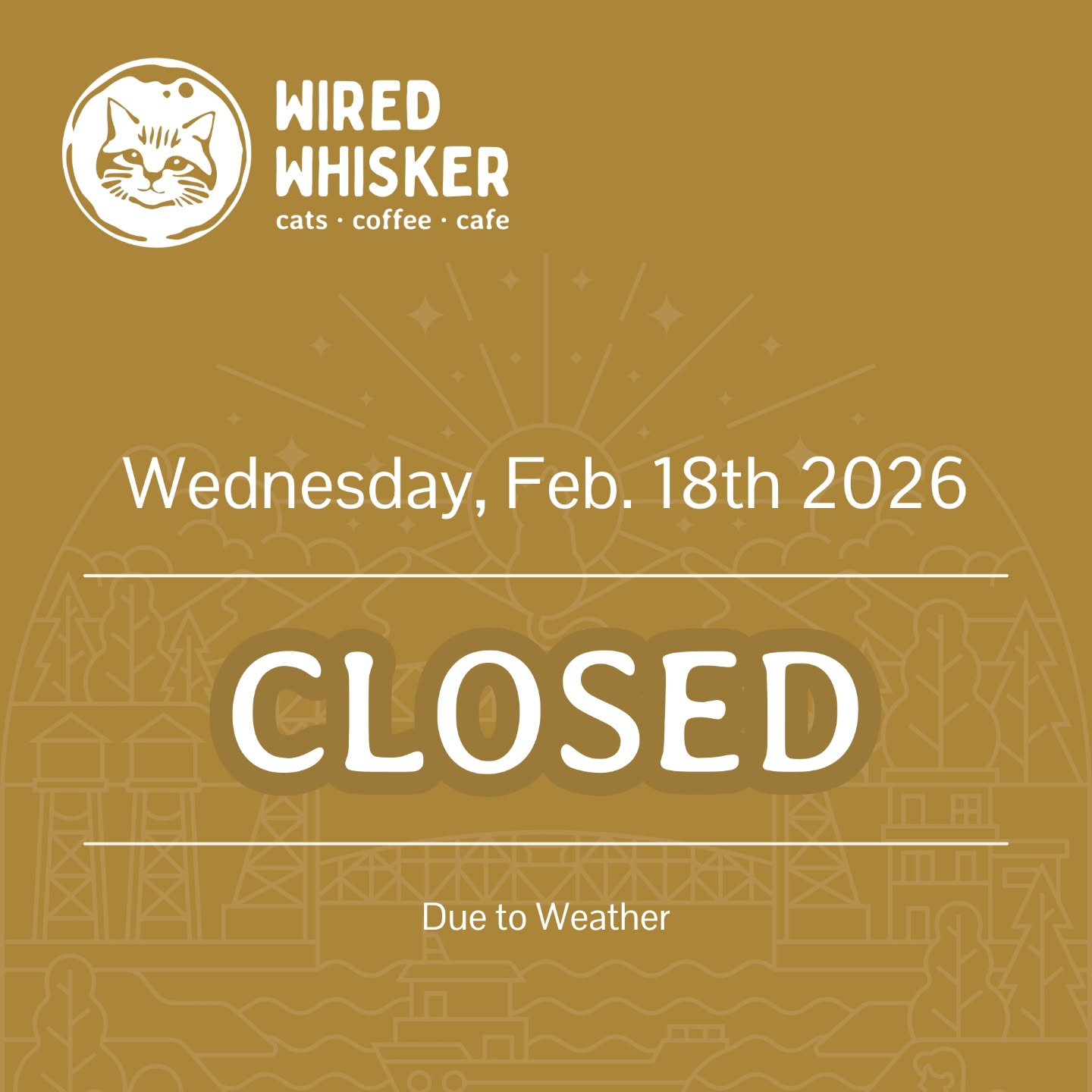 Update: We will be closed today due to weather! Be safe, friends - it is scary out there. Meanwhile, the kitties are nice and cozy, receiving all their usual pampering and care thanks to our amazing Purristas, braving the weather. 🐾☕️❄️🤎🐈